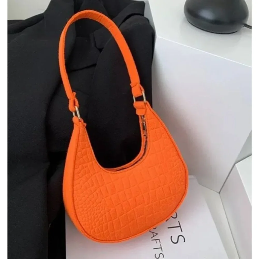 Orange Croc Embossed Felt‎ Crescent Shoulder Bag Gold Hardware Mini Hobo NEW